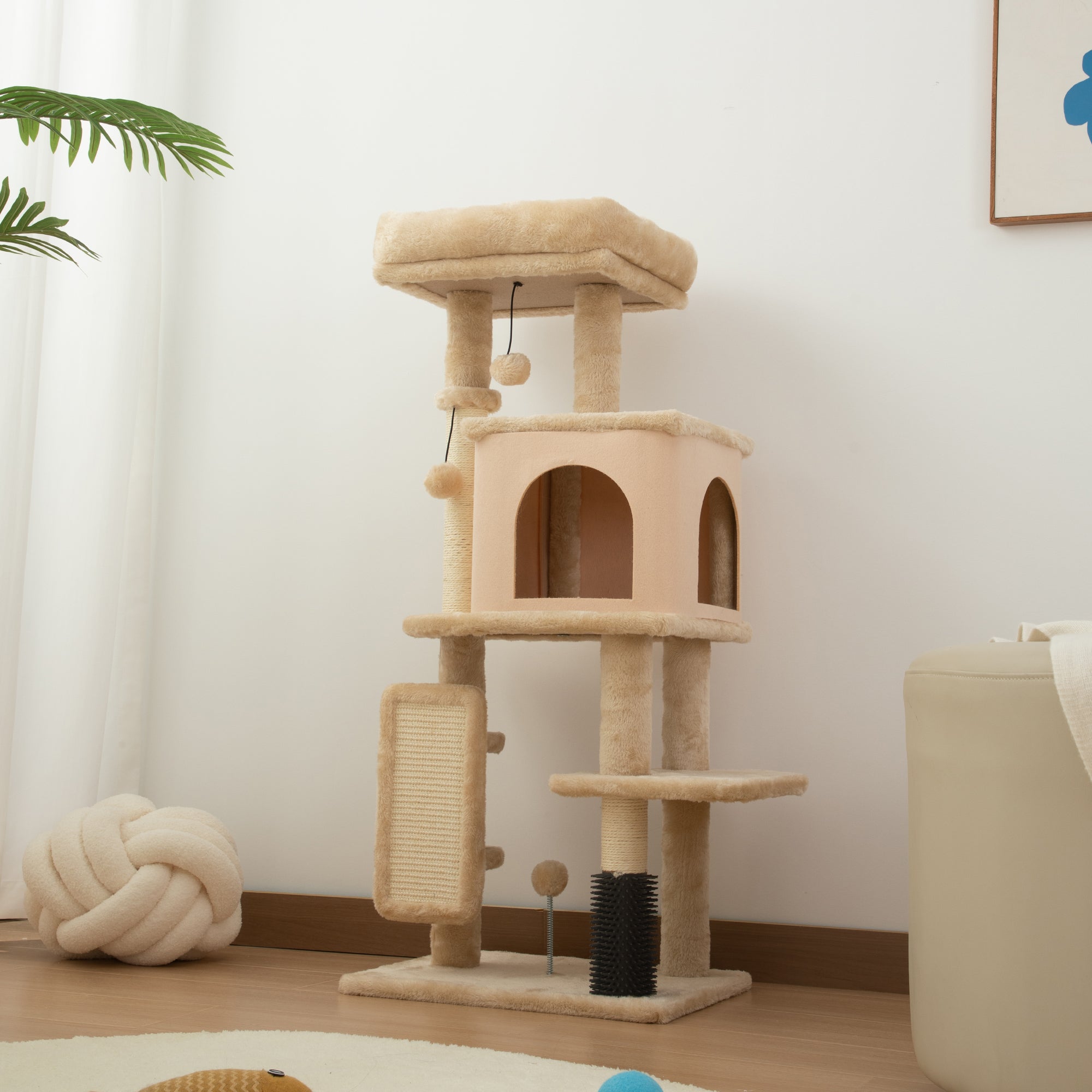 Multi-Level Cat Tree, 104 cm Tall, with House, Bed, Scratching Posts, Brush and Ball, Beige