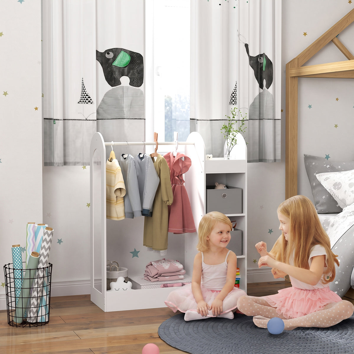 AIYAPLAY Children's Coat Rack for 3-8 Years Old with Shelves, 2 Storage Boxes, Hanging Rail and Mirror, 30 kg Capacity, White