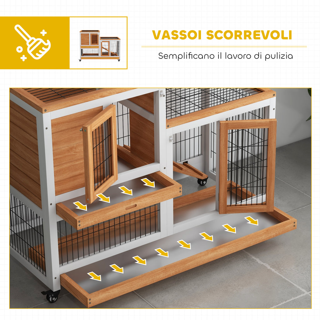 PawHut Wooden Rabbit Hutch with Wheels, Removable Trays and House with Ramp, 110x50x88 cm, Yellow and White