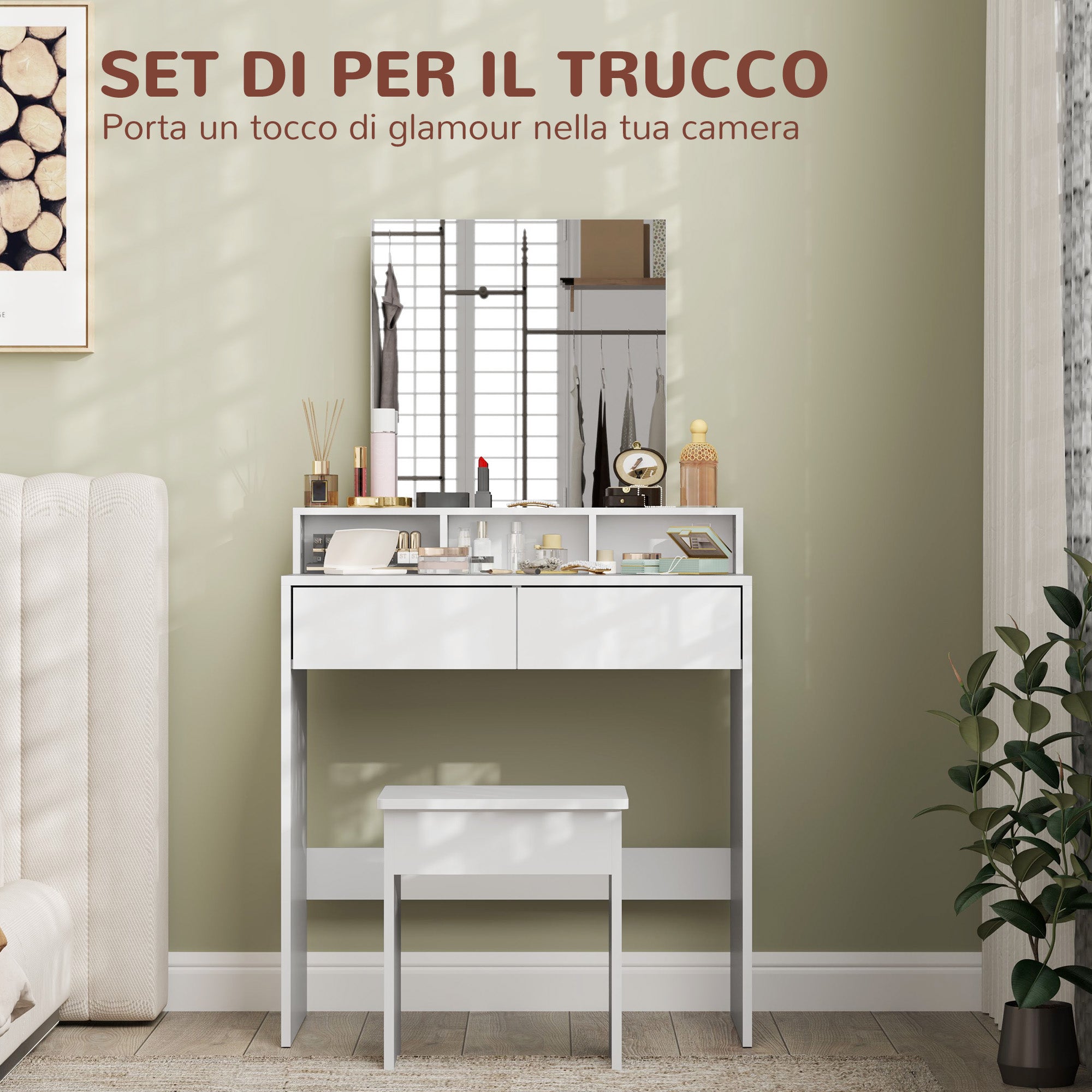 Makeup Table with Mirror, 3 Shelves, 2 Drawers and Stool, in Wood, 75x38x135 cm, White