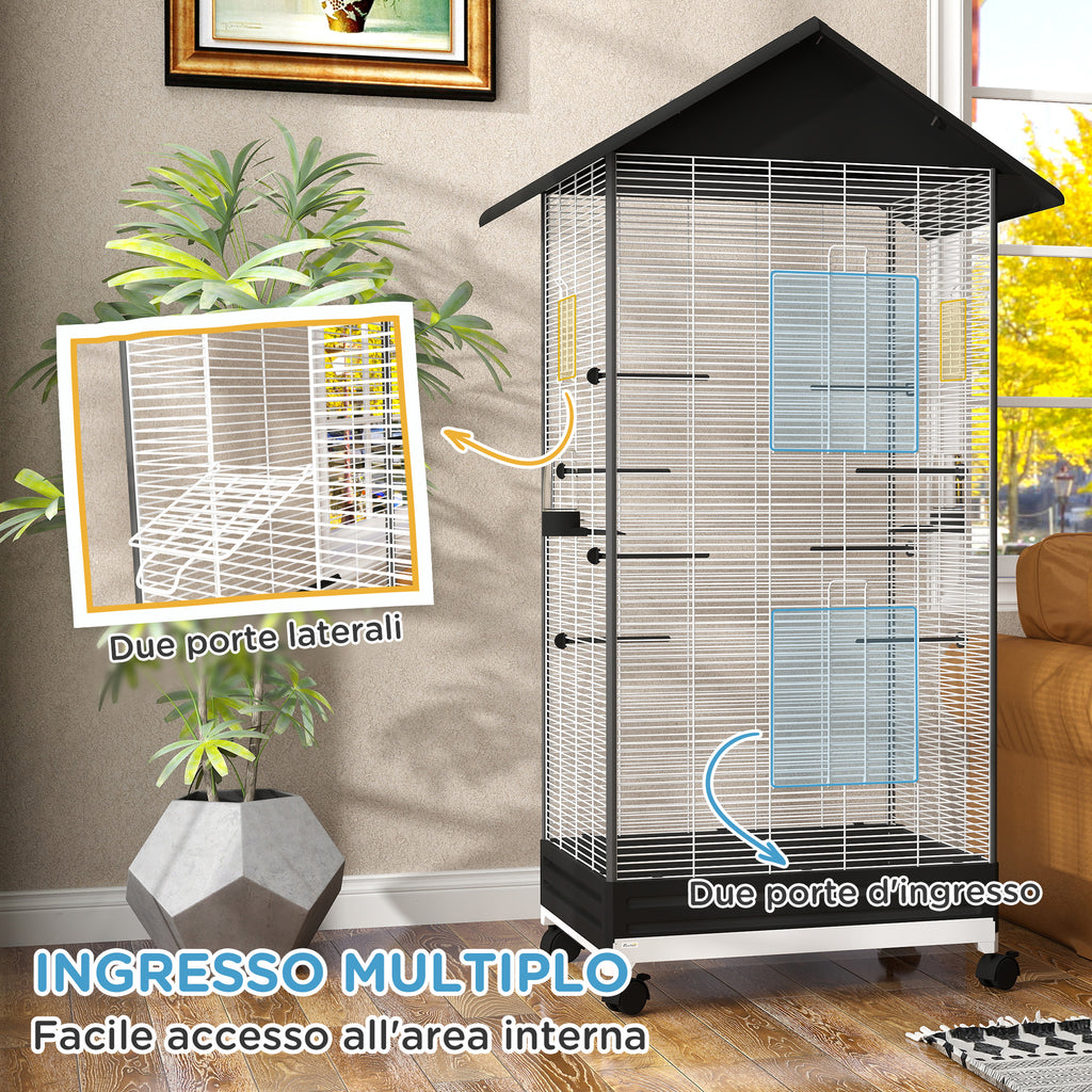 Bird Cage with Wheels and Removable Tray, 155 cm High Aviary with Perches and Feeders, Black