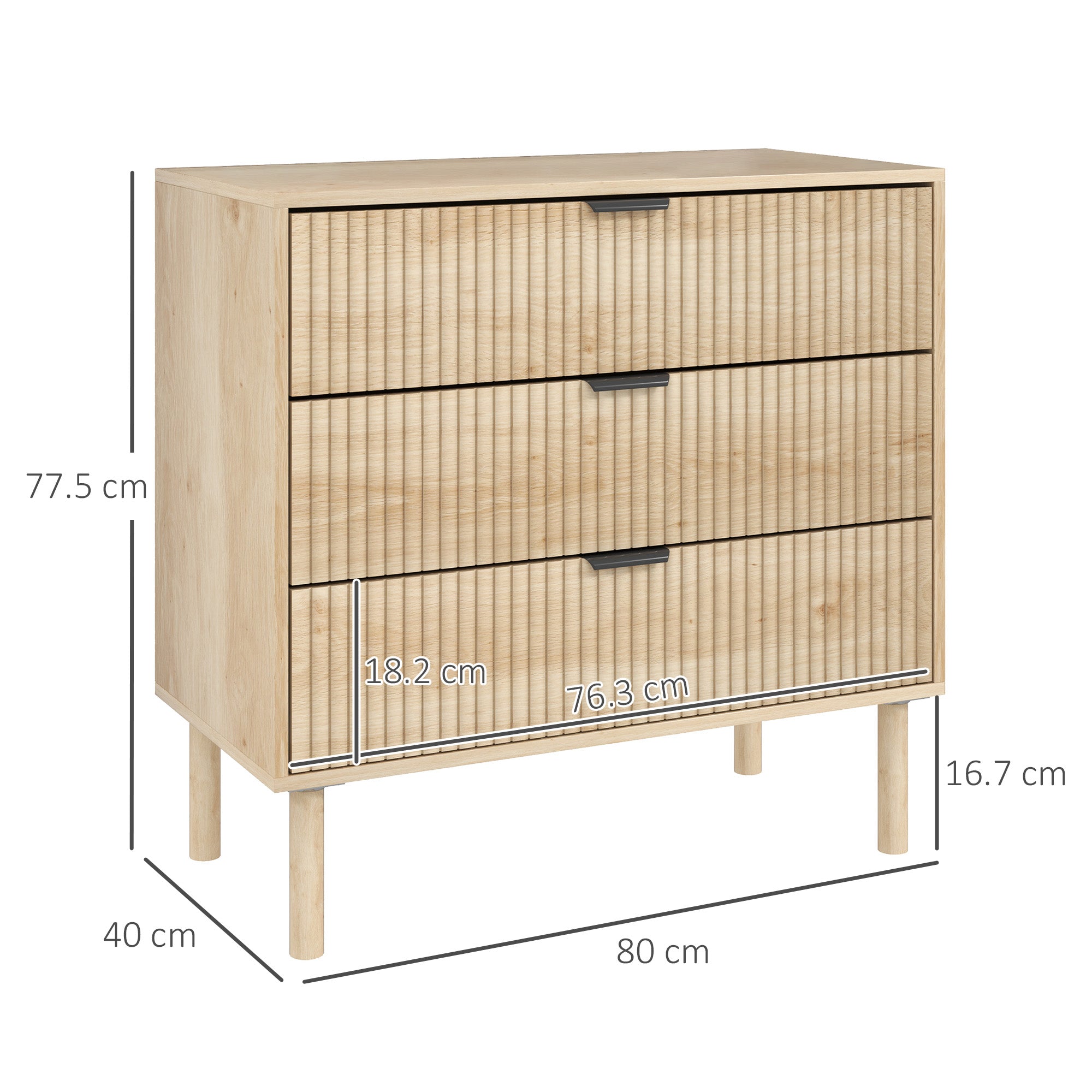 3 Drawer Wooden Chest of Drawers for Bedroom and Entrance Nordic Style, 80x40x77.5 cm, Oak