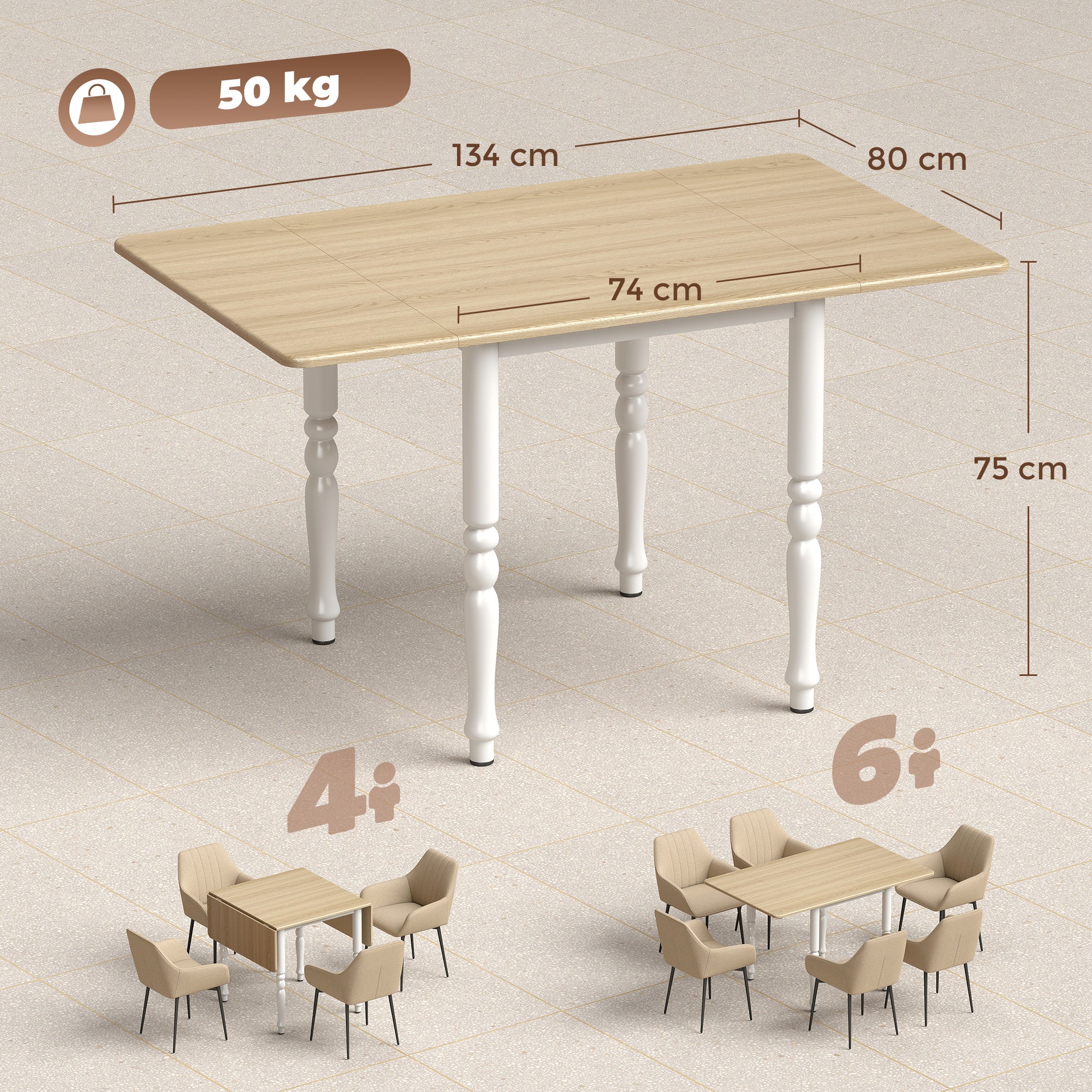 HOMCOM Folding Table for 2-6 People, Wood Effect Drop-Leaf Top, Natural Finish