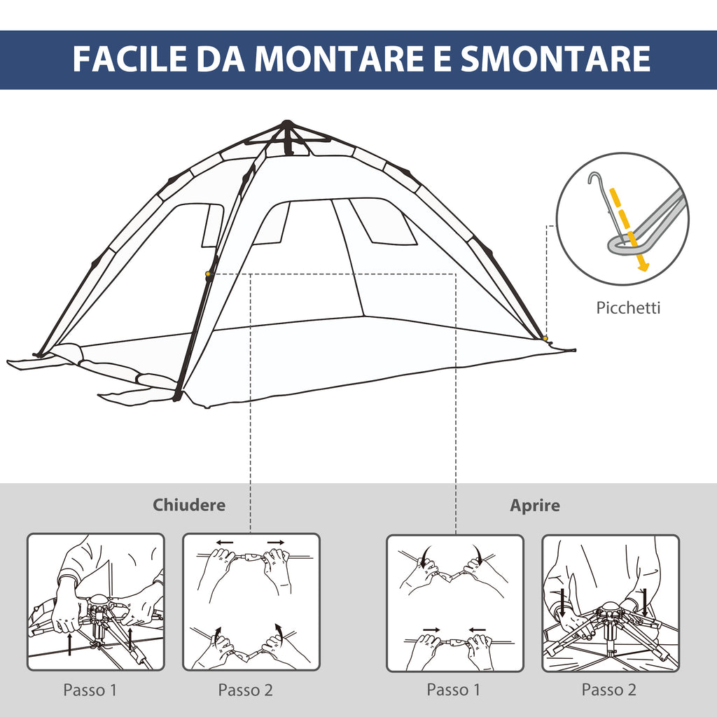 Outsunny Pop Up Beach Tent for 2 People with Windows, Fiberglass and Polyester, 220x173x120 cm, Blue and Yellow