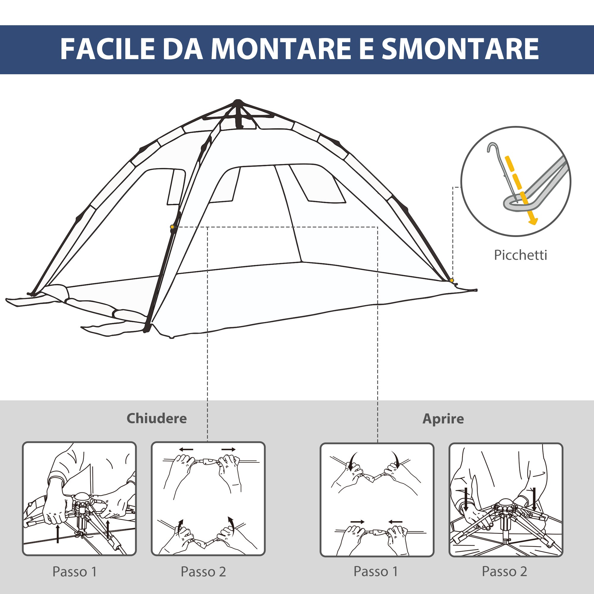 Outsunny Pop Up Beach Tent for 2 People with Windows, Fiberglass and Polyester, 220x173x120 cm, Blue and Yellow