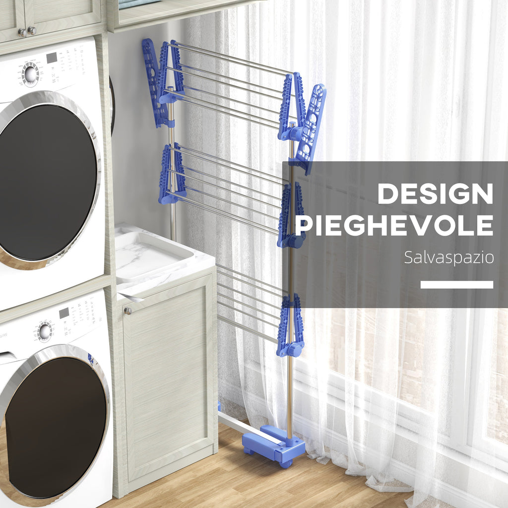 Vertical Drying Rack with 3 Adjustable Shelves, in Steel and Plastic, 142x55x152 cm, Blue and Silver