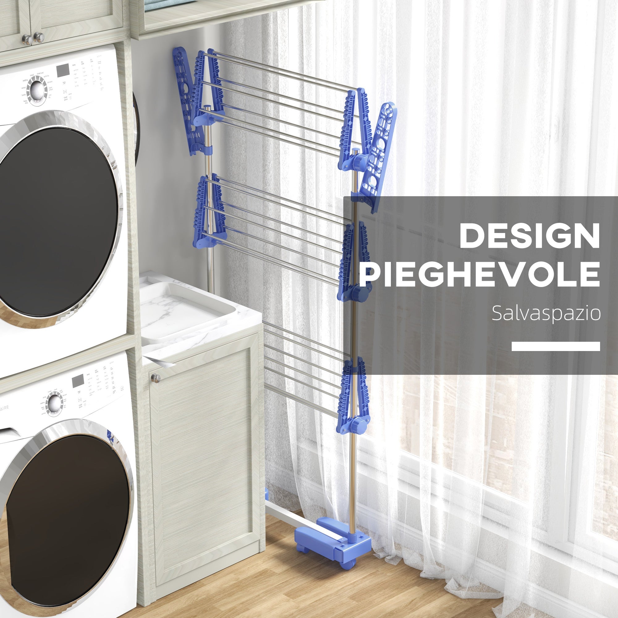 Vertical Drying Rack with 3 Adjustable Shelves, in Steel and Plastic, 142x55x152 cm, Blue and Silver