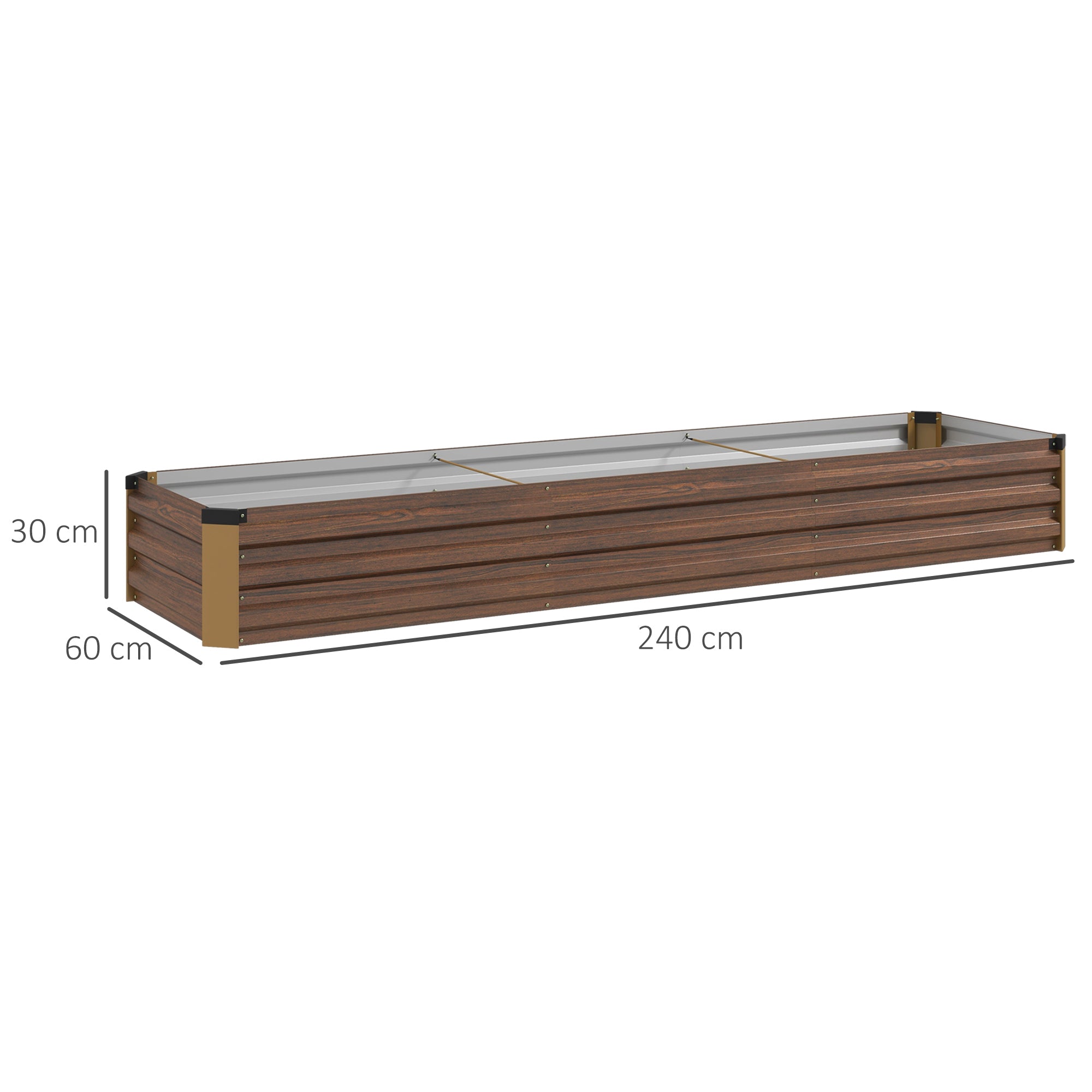 Outsunny 405L Open Bottom Metal Raised Planter, 240x60x30cm, Dark Wood Color