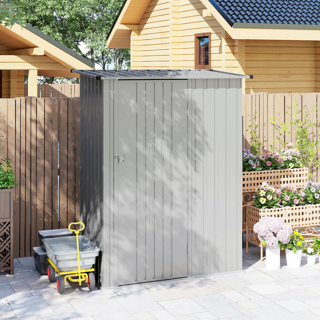 Outsunny Metal Tool Shed with Sloped Roof and Lockable Door, 142x86x189 cm, Silver