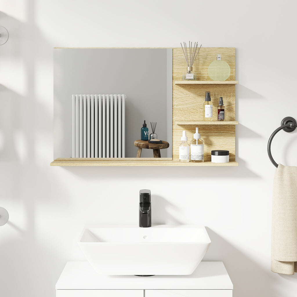 Modern Bathroom Mirror with 2 Side Shelves and Bottom Shelf, in Wood and Glass, 75x10x48 cm, Wood Color