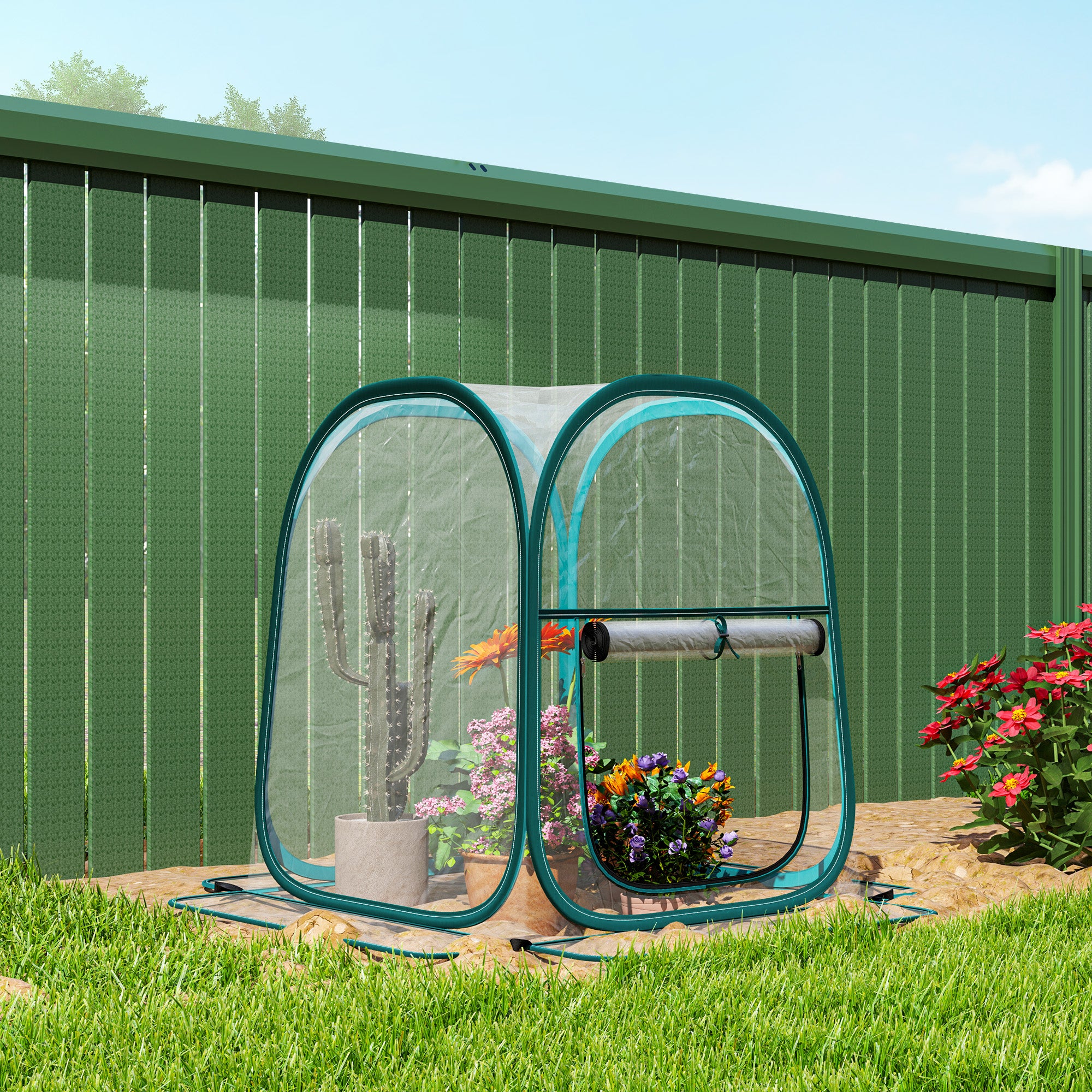 Mini Pop Up Greenhouse with Plastic Cover, Roller Window and Bag, 70x70x80 cm, Transparent