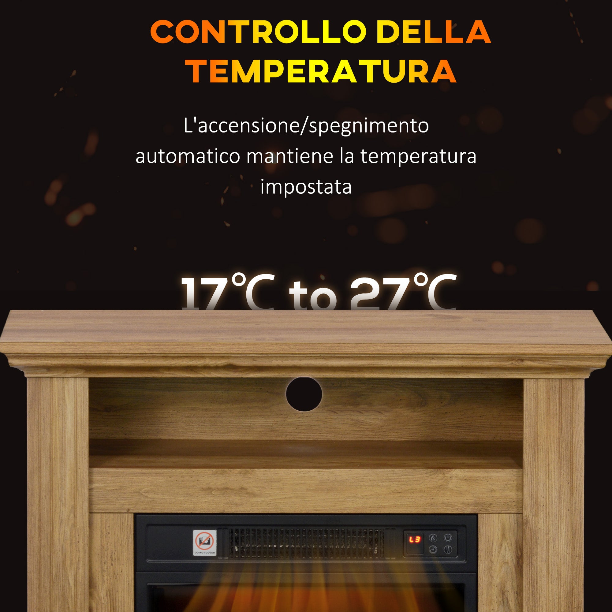 1800W Electric Fireplace with 3D Flame, Timer and Remote Control, in Wood, Metal and Glass, 81.5x30x76.2 cm, Brown