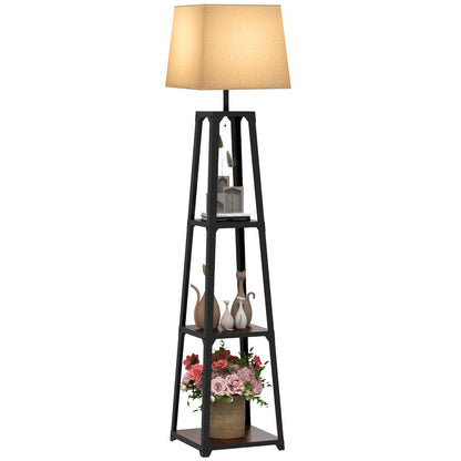 Floor Lamp in Metal and MDF with 3 Shelves with Fabric Lampshade, Ø42x166 cm, Black and Beige