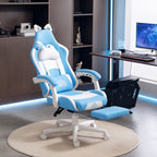 Reclining Gaming Chair with Footrest and Cushions, Faux Leather and Sponge, 65x62x116-124 cm, White and Blue