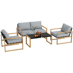 4 Piece Garden Set with 2 Armchairs, Sofa and Coffee Table, in Aluminum and Fiber, Gray and Wood Color
