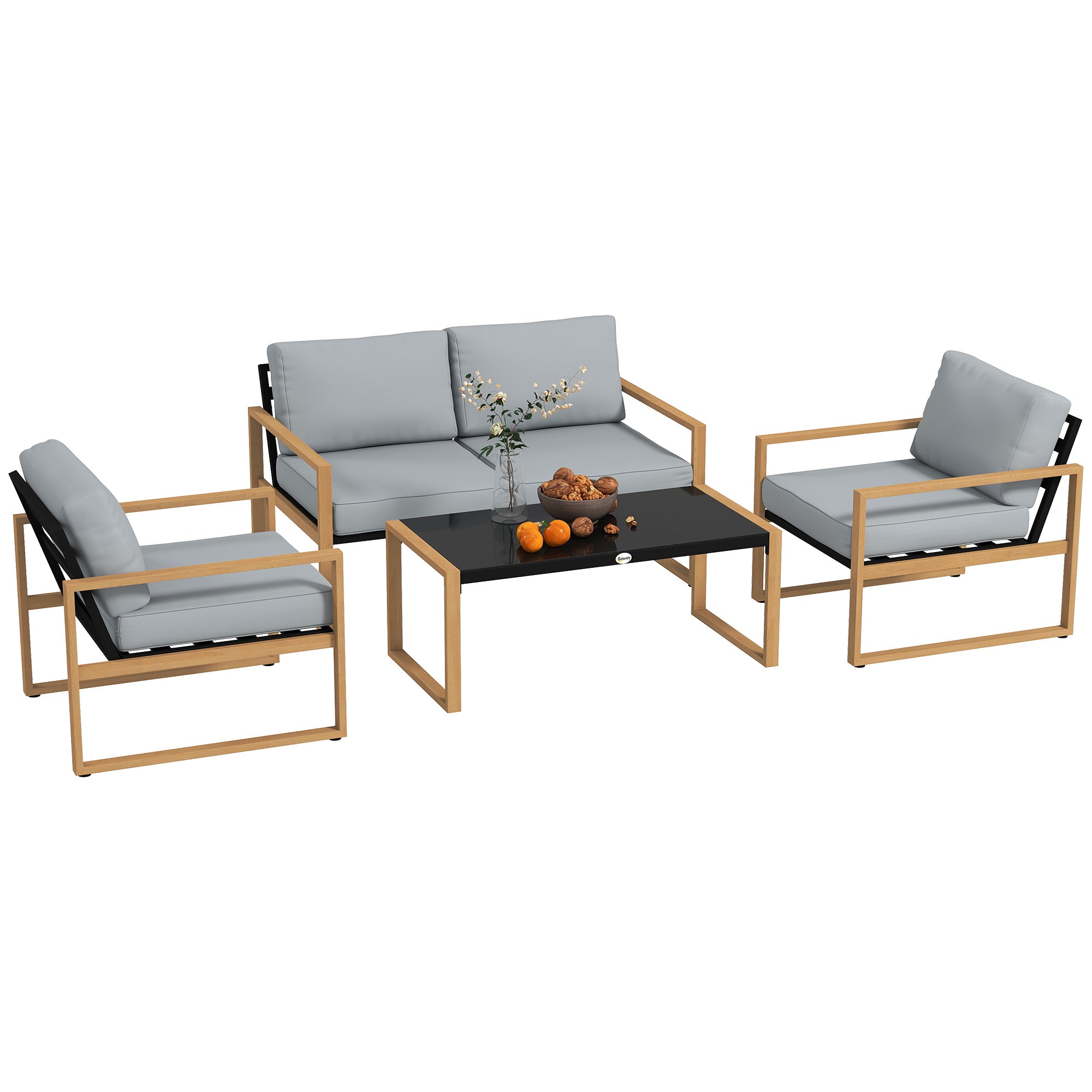 4 Piece Garden Set with 2 Armchairs, Sofa and Coffee Table, in Aluminum and Fiber, Gray and Wood Color