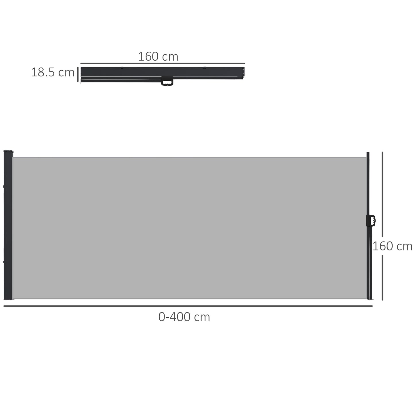 Retractable Side Awning 400x160 cm with Handle, in Metal, Aluminum and Polyester, Light Gray