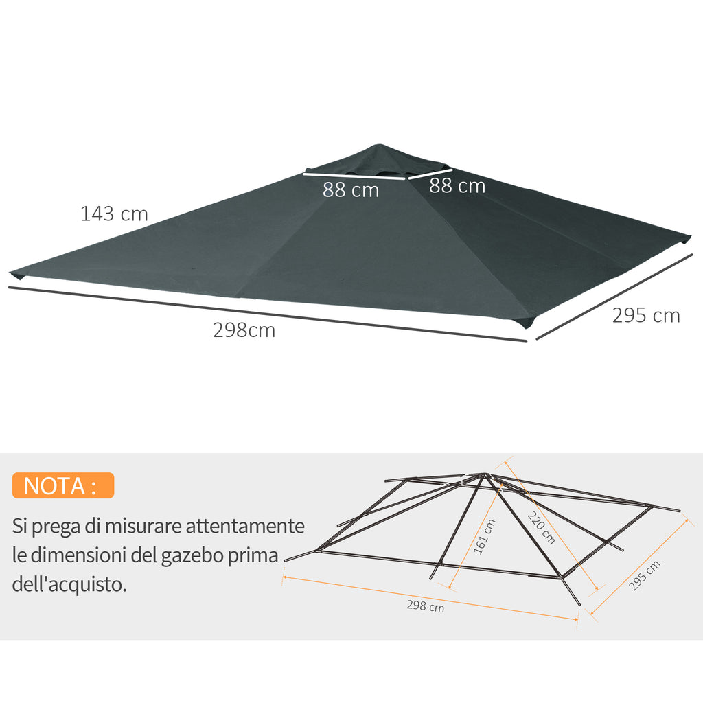Replacement Roof for Gazebo 3x3 m in Gray Polyester with 8 Ventilation Holes