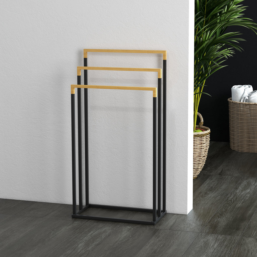 kleankin 3-Bar Bamboo and Steel Towel Rack with Freestanding Design, 45x22.5x86 cm
