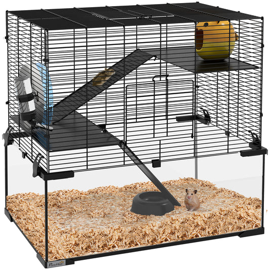 3-Tier Hamster Cage with Wheel, Ramps and Removable Bottom, 60x40x57cm, Black