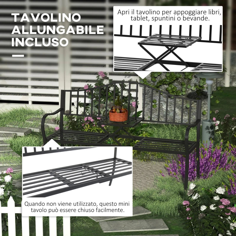 2-Seater Outdoor Bench, Garden Bench with Extendable Metal Table 150 x 53 x 95 cm Black - Borge' Group Limited