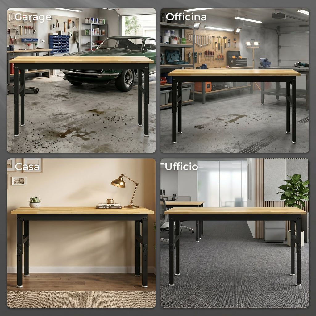 HOMCOM Height-Adjustable Wood and Steel Workbench, 2 AC Outlets, 900 kg Capacity, Wood and Black Color