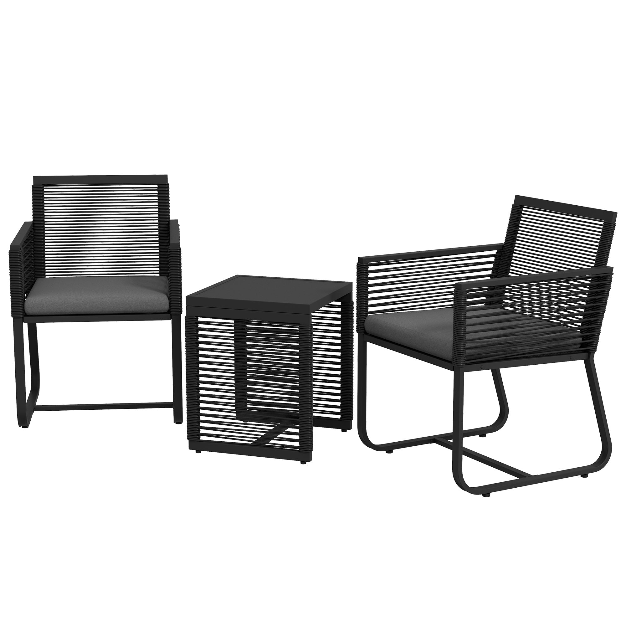 Rattan Garden Set with 2 Armchairs with Cushions and Glass Coffee Table, Black - Borgè