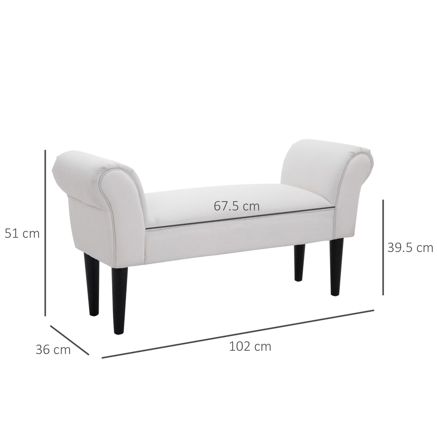 Padded Bed End Bench with Rolled Armrests and 4 Feet, 102x35x51 cm, White/Grey