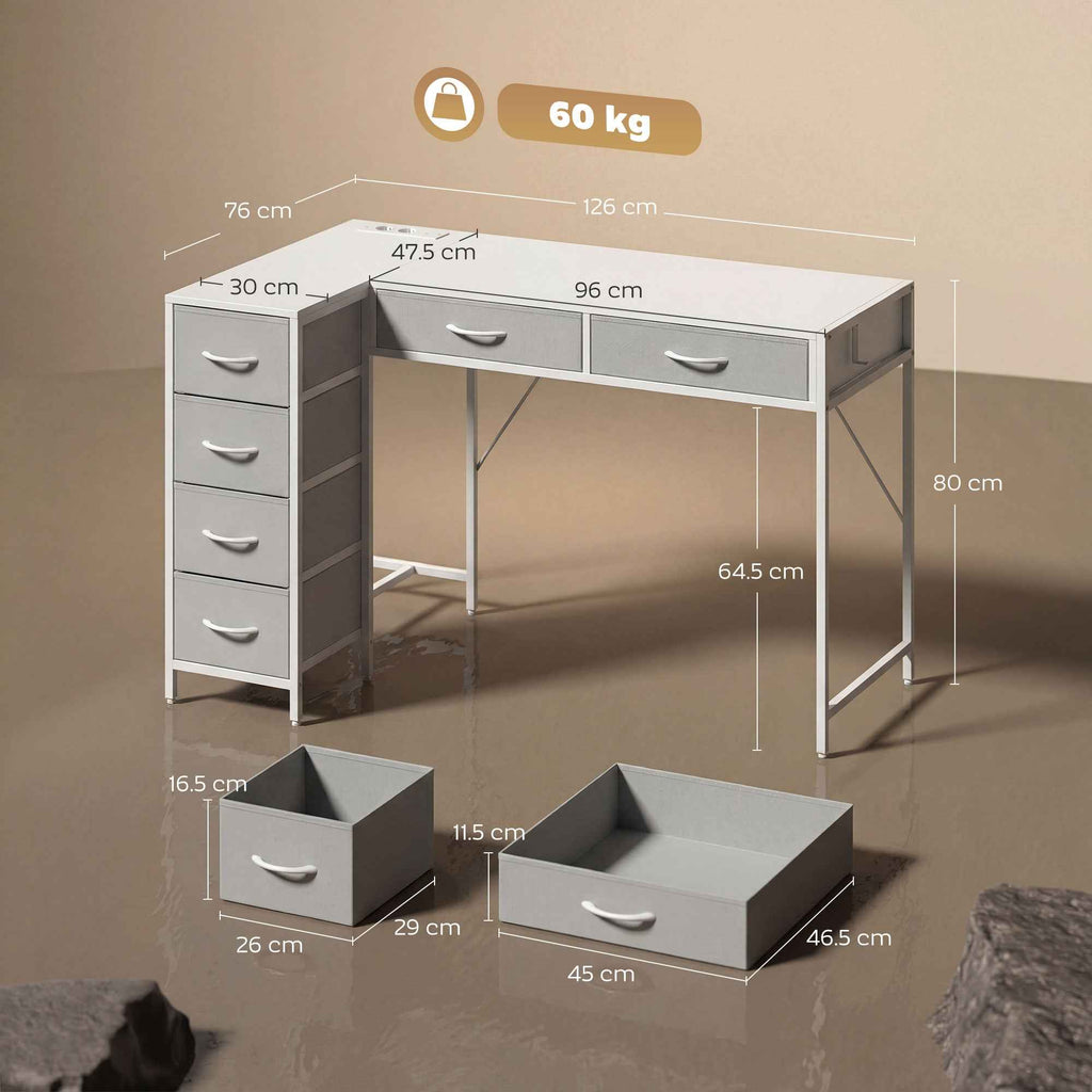 Corner Desk with 6 Drawers, Side Hook and Integrated Sockets, Wood and Steel, 126x48x80 cm, White