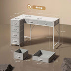 Corner Desk with 6 Drawers, Side Hook and Integrated Sockets, Wood and Steel, 126x48x80 cm, White