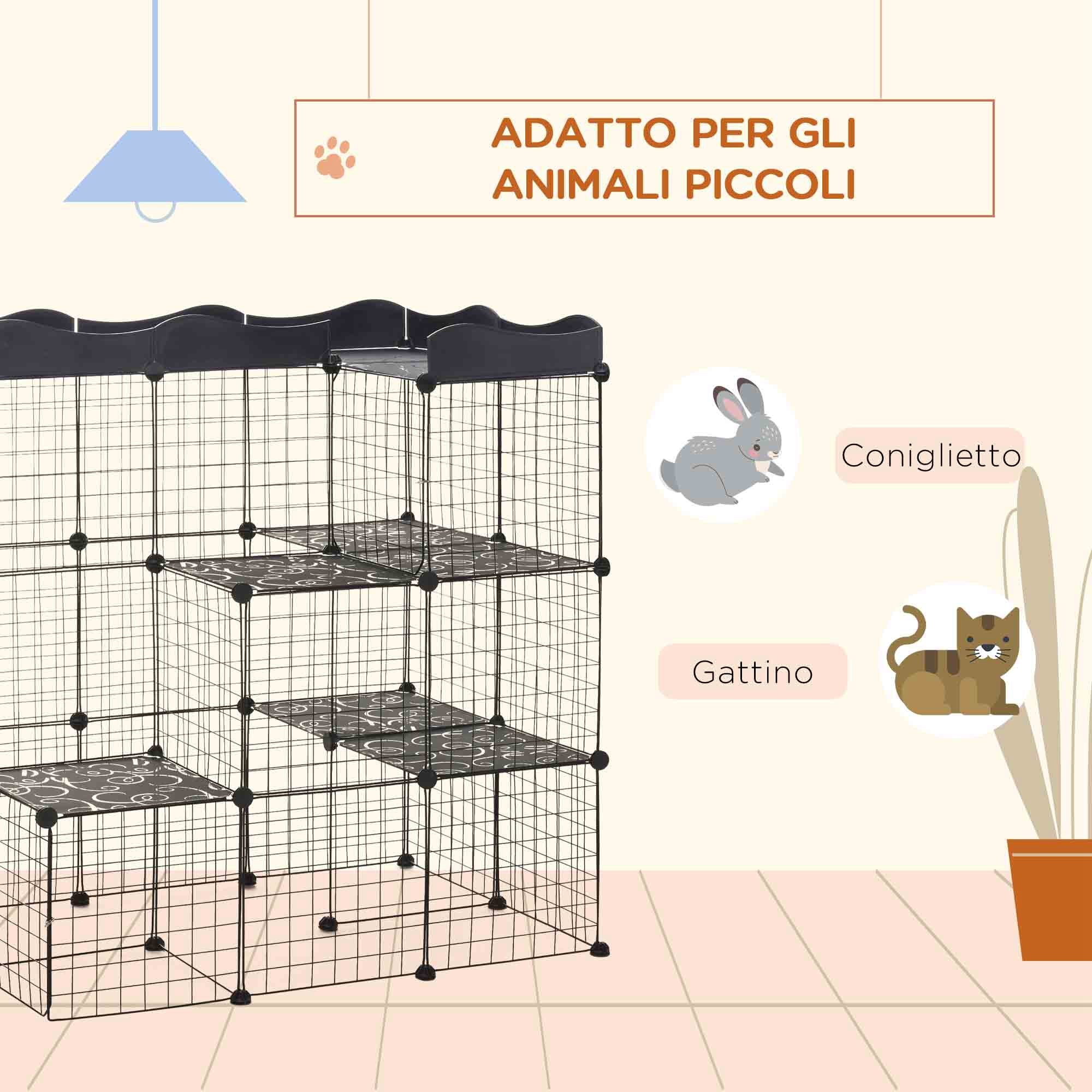 Modular and Multilevel Pet Enclosure with Ramp and 2 Doors in Steel and PP, 105x70x116 cm, Black