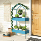 Outsunny 2-Tier Metal House Plant Stand with Hook, 75x35x150cm, Blue and Green