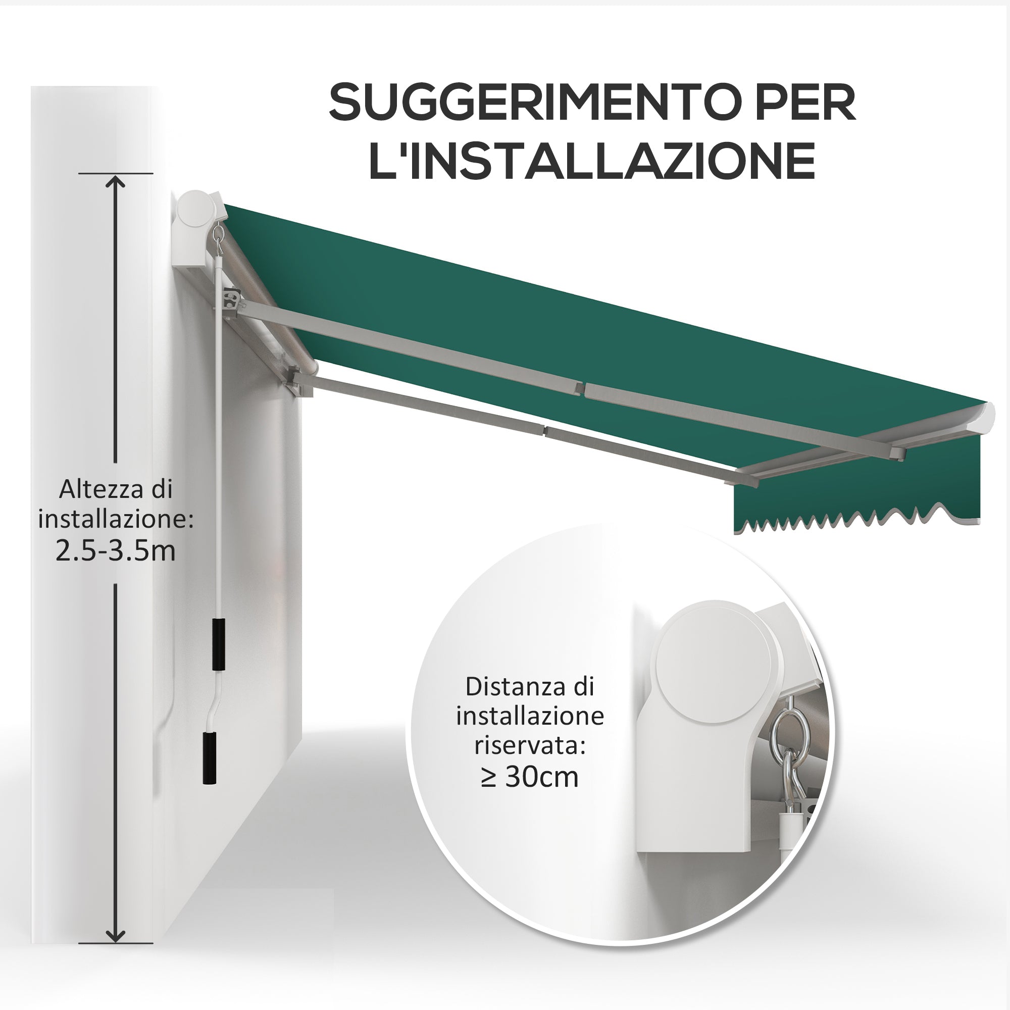4x2.5m Hand Cranked Metal and Aluminum Outdoor Awning, Dark Green