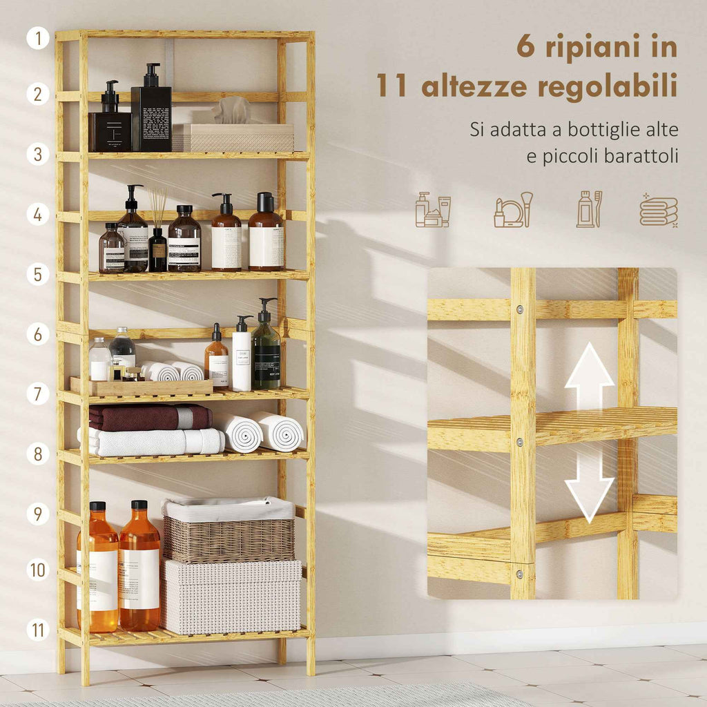 HOMCOM 6-Tier Bamboo Bookshelf with Adjustable Shelves, 60x26x161cm, Natural Wood