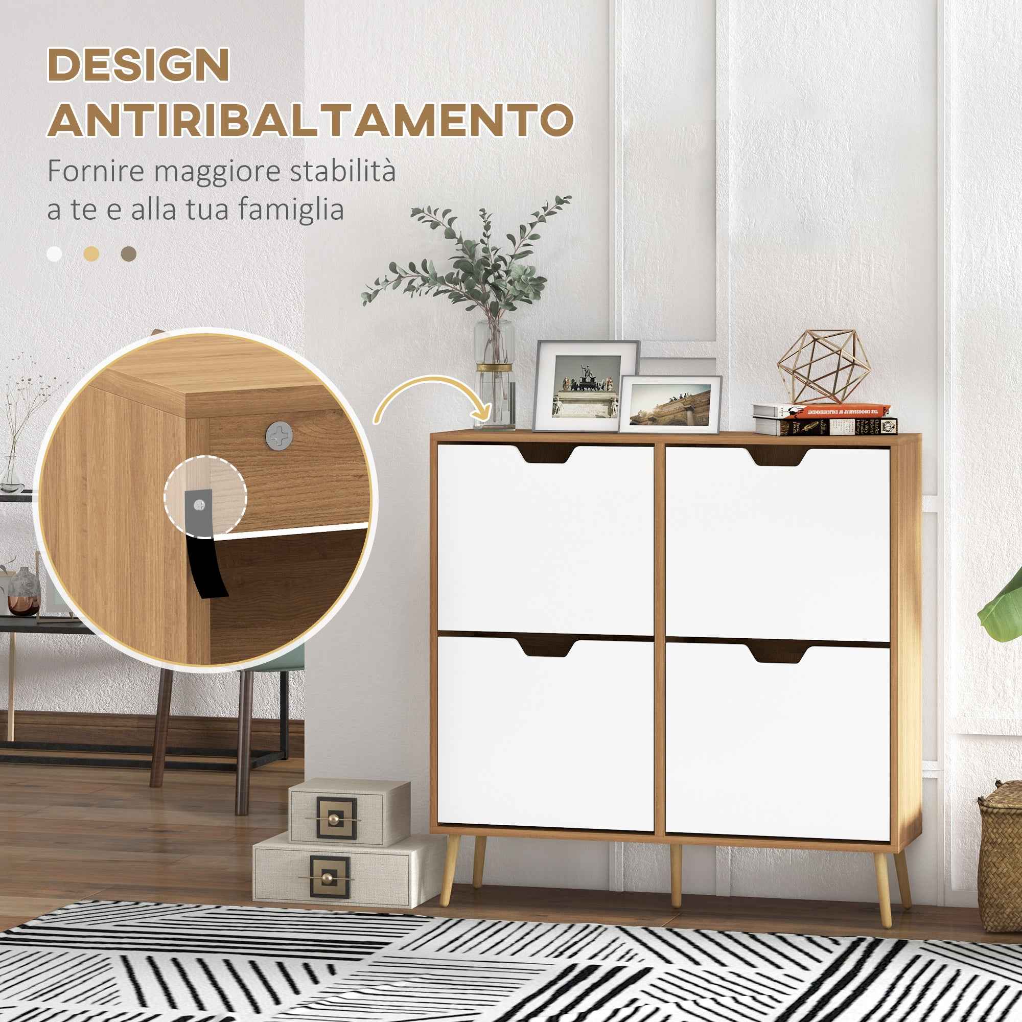 HOMCOM Chipboard and Pine Shoe Rack with 4 Drawers and 2 Adjustable Shelves for Each Drawer, 95x26x95 cm