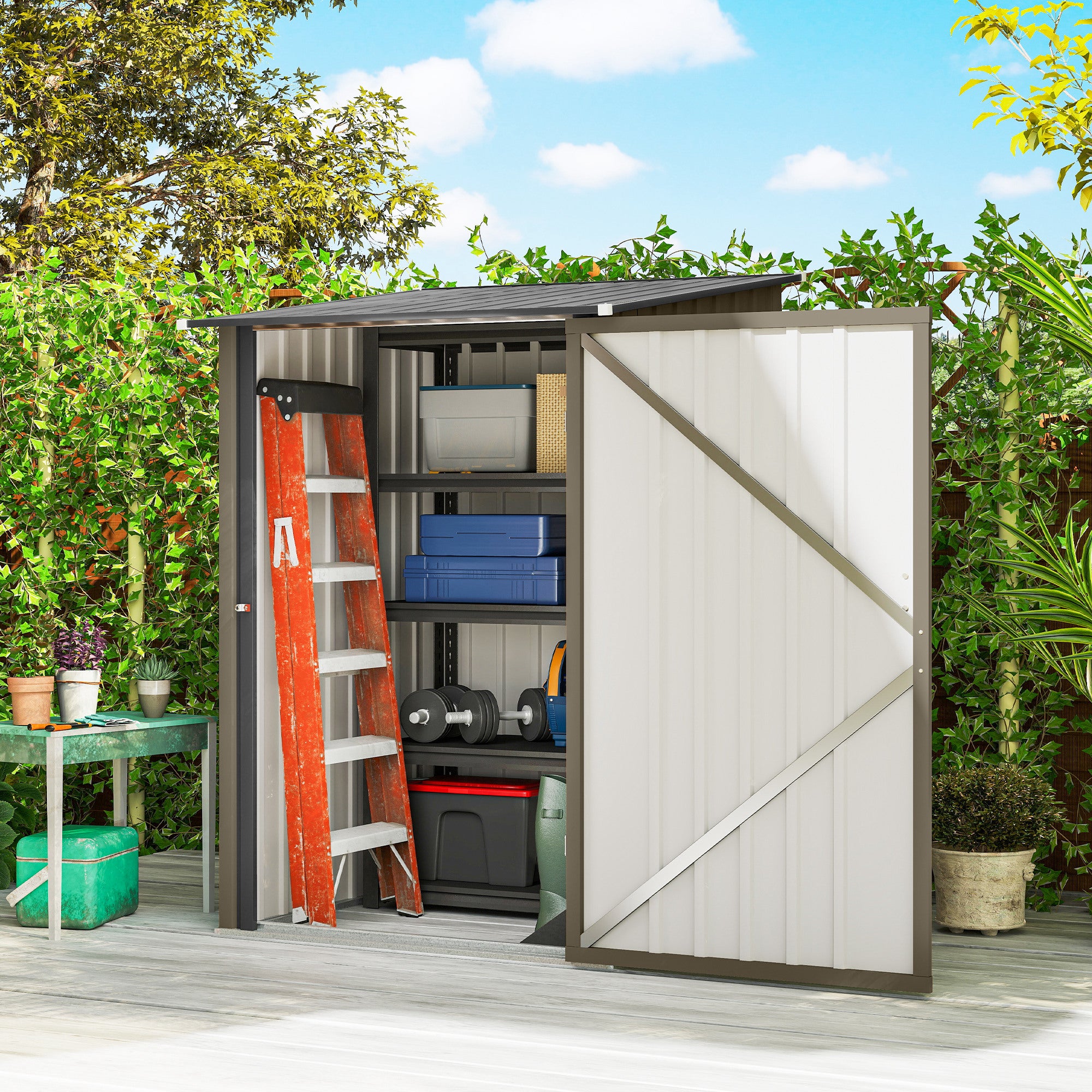 Outsunny Galvanized Steel Garden Shed with Door, 100x104x160 cm, Brown and Dark Grey