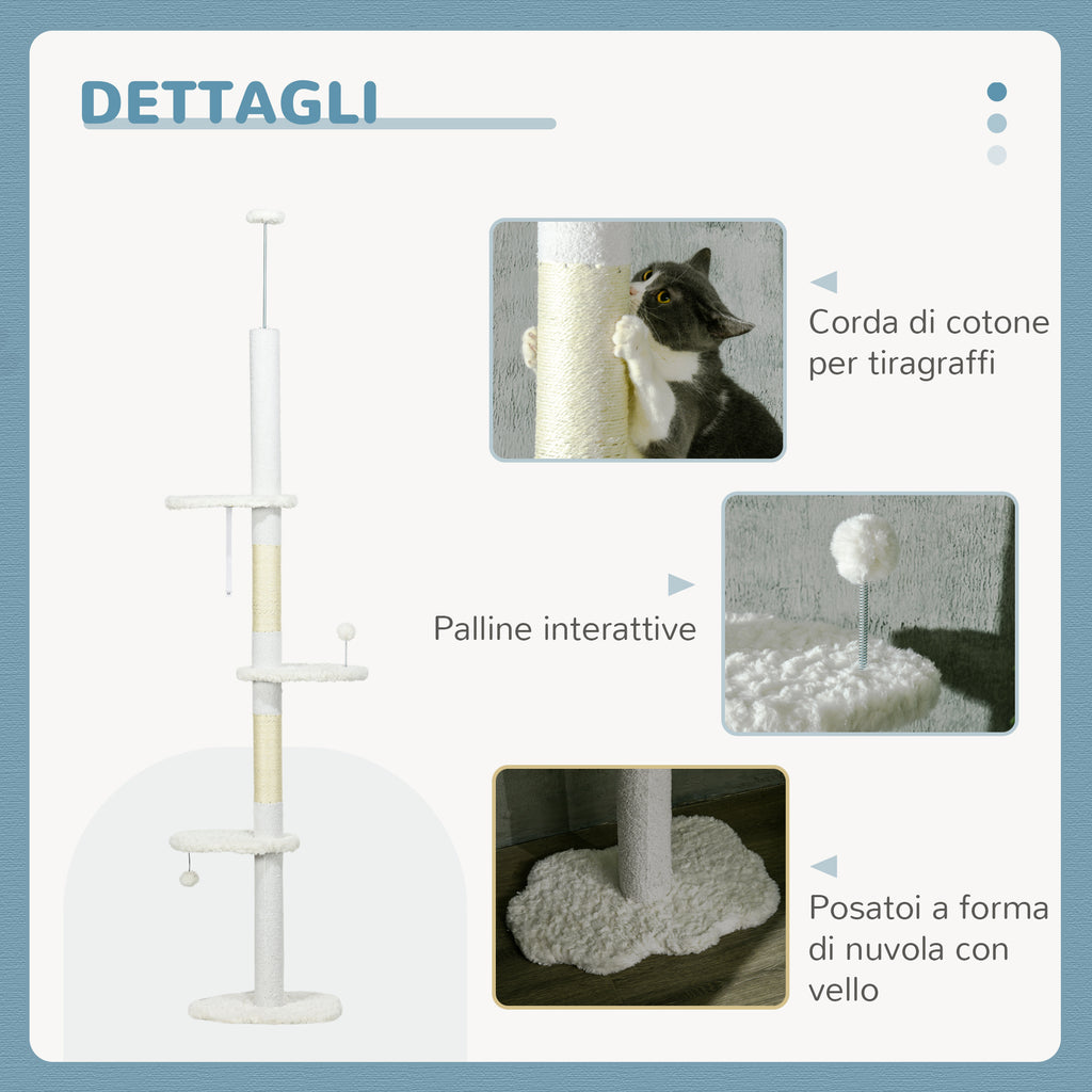 Ceiling Cat Tree with Adjustable Height and Cotton Scratching Posts, 48x32x225-255 cm, White