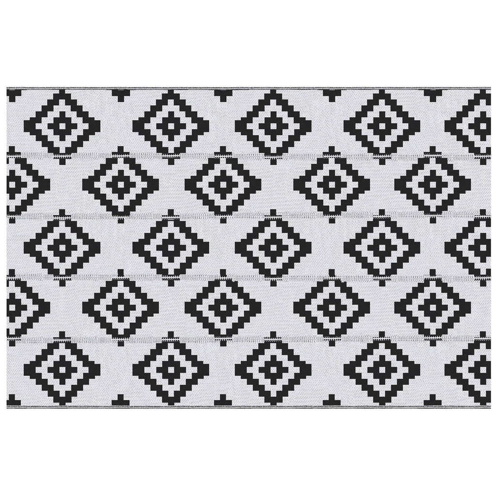Reversible Geometric Pattern Outdoor Balcony and Terrace Rug, 2.74x1.82 m, Black and White