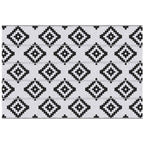 Reversible Geometric Pattern Outdoor Balcony and Terrace Rug, 2.74x1.82 m, Black and White