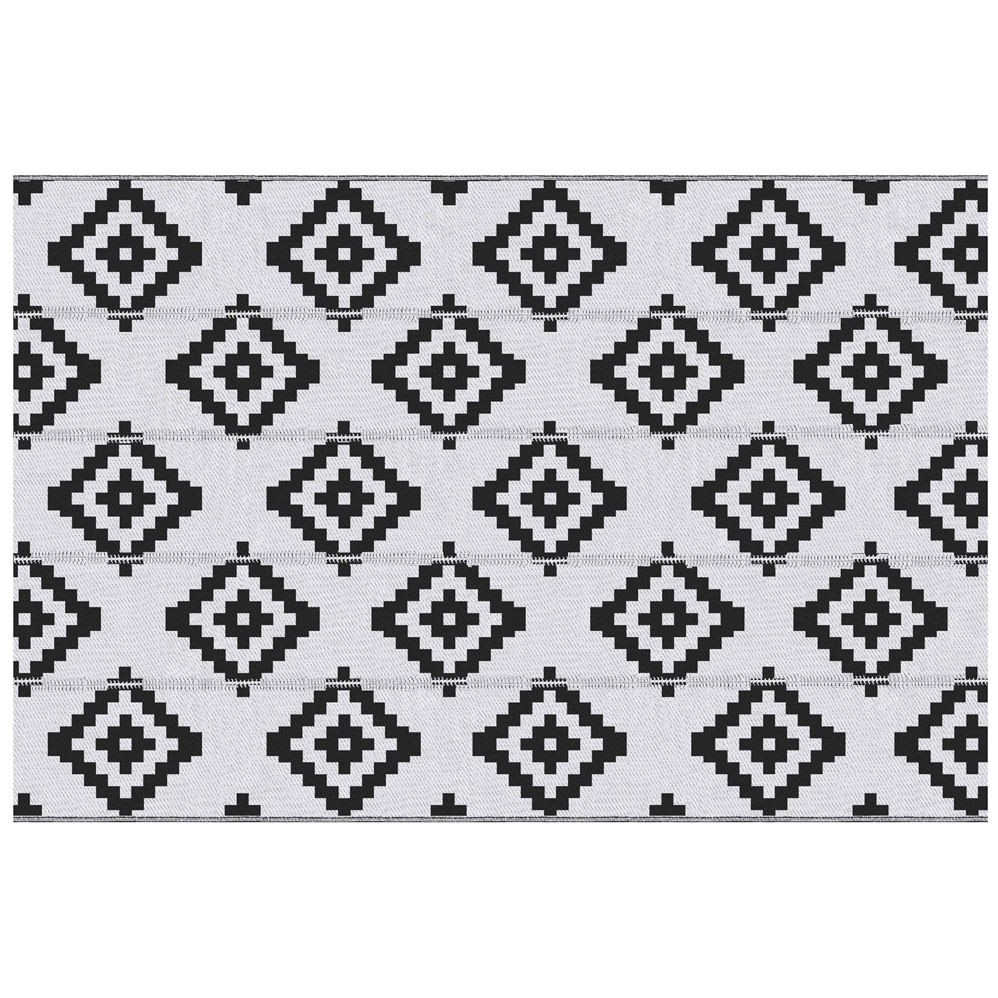Reversible Geometric Pattern Outdoor Balcony and Terrace Rug, 2.74x1.82 m, Black and White
