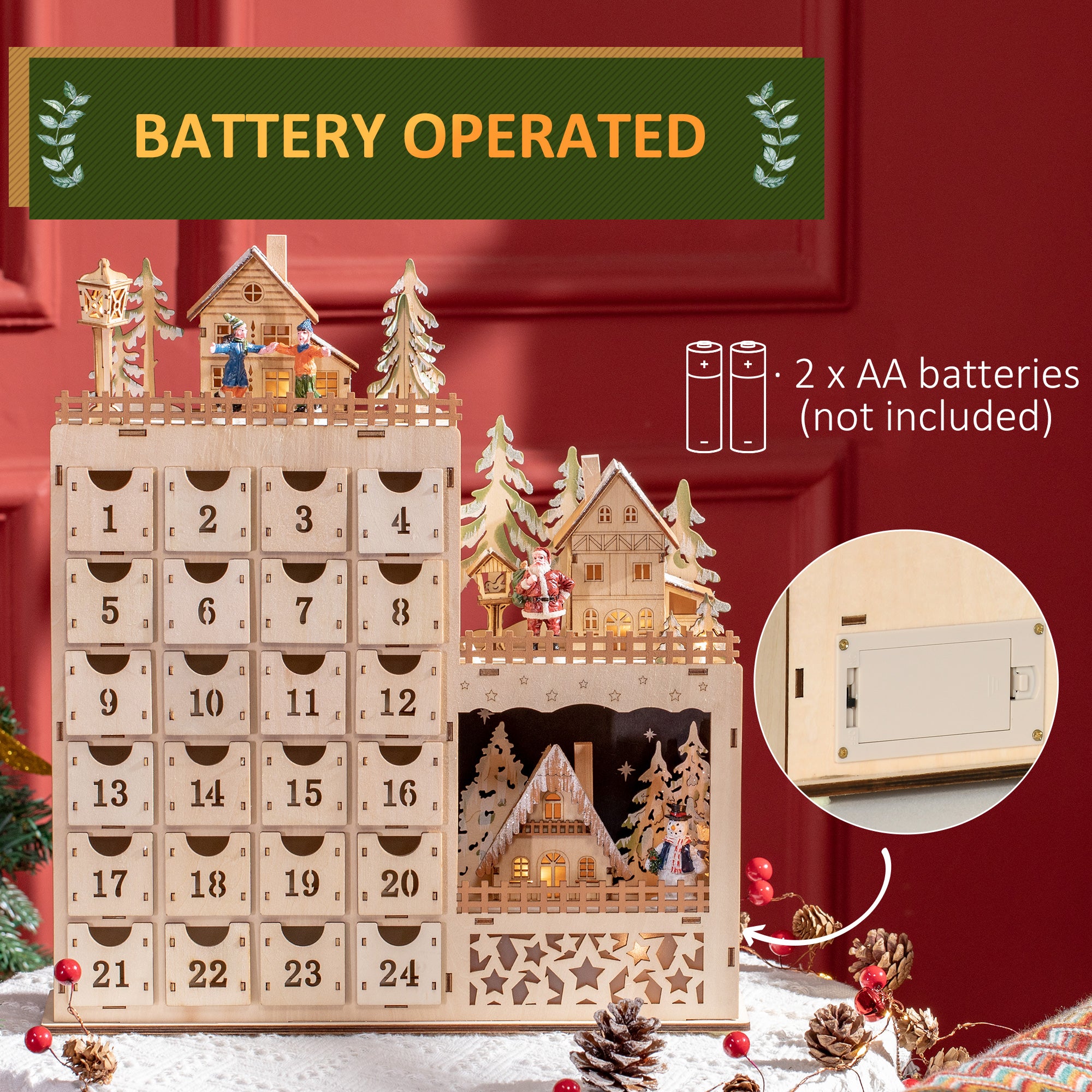 Rectangular Christmas Advent Calendar with Themed Patterns and 12 LED Lights, 22x9x30 cm, Plywood, Orange
