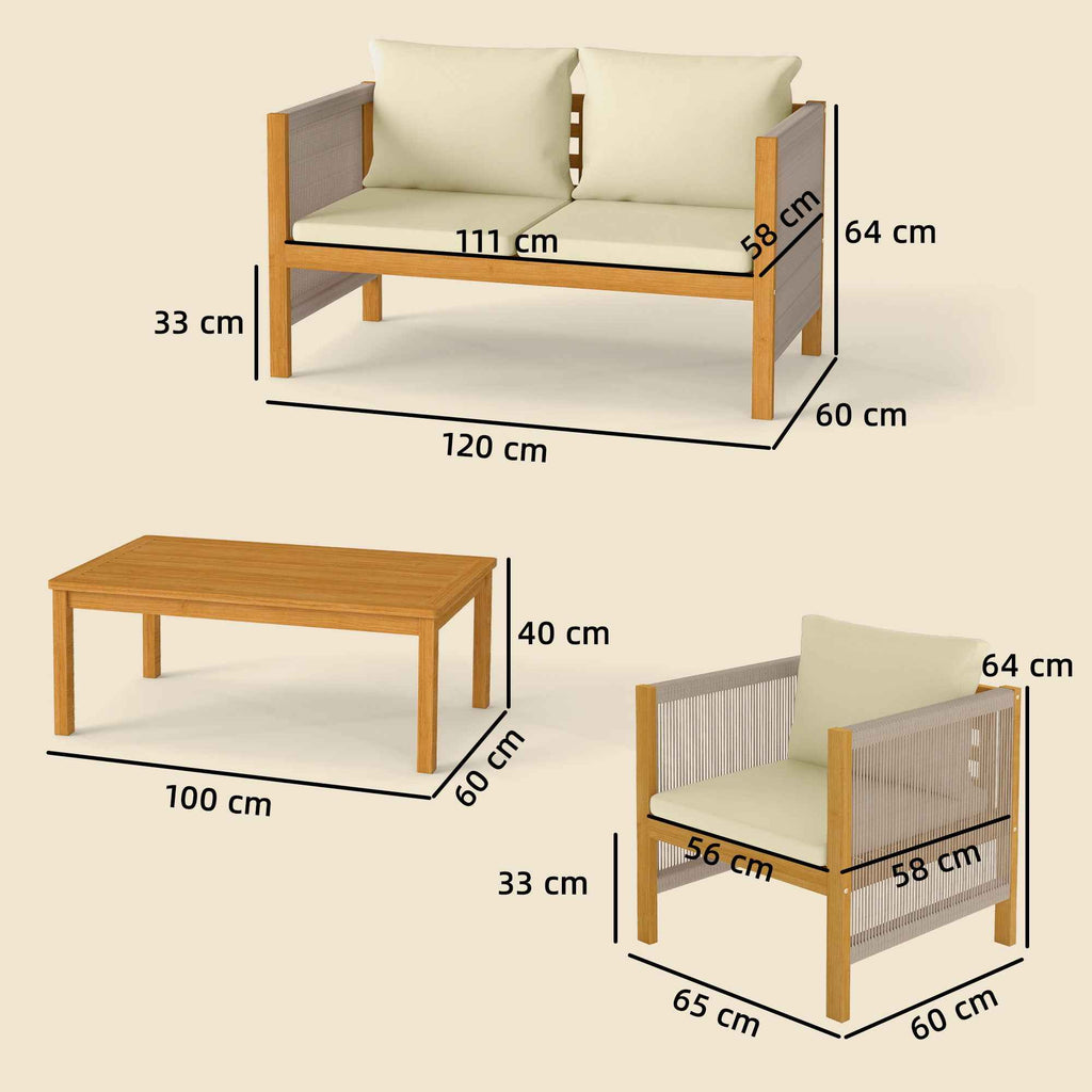 Outsunny 4-Piece Garden Lounge Set with Sofa, 2 Armchairs with Cushions and Coffee Table in Acacia Wood