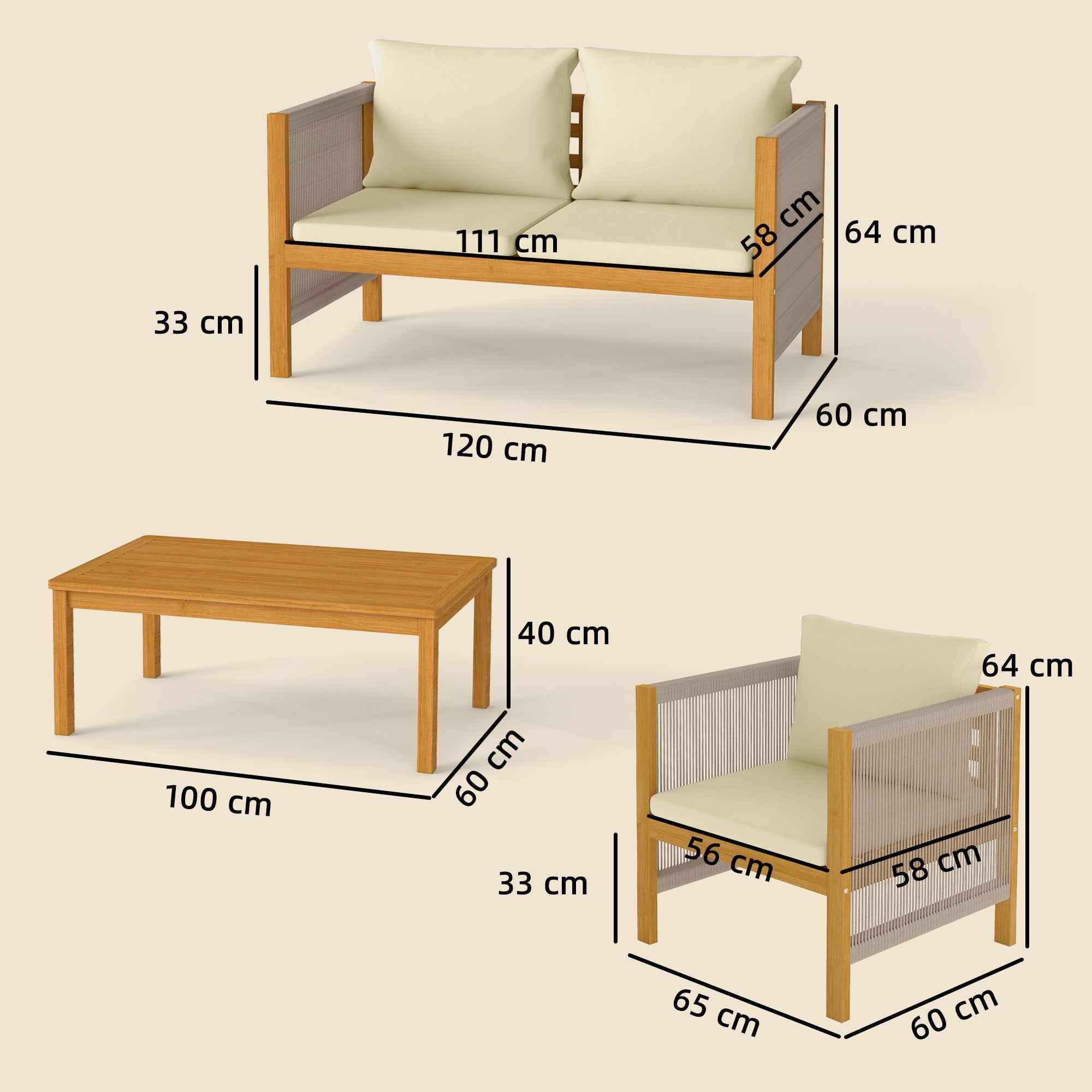 Outsunny 4-Piece Garden Lounge Set with Sofa, 2 Armchairs with Cushions and Coffee Table in Acacia Wood