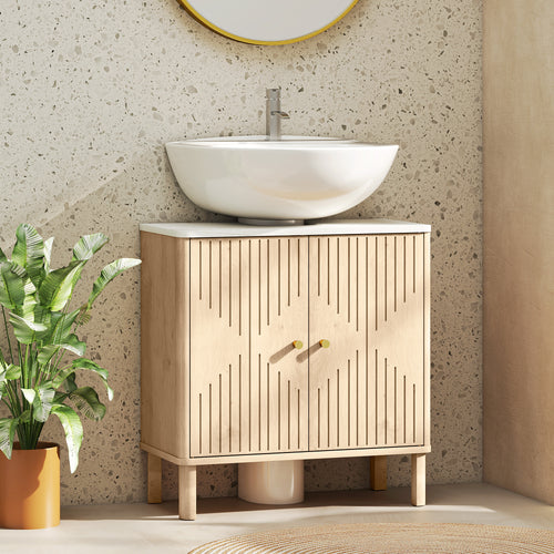 2-Door Vanity Unit with Marble Effect Shelf and Adjustable Shelf, Oak