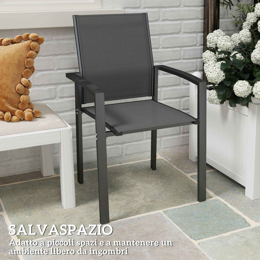 Outsunny Set of 2 Stackable Garden Chairs with Breathable Seat, in Aluminum and Textilene, 56x58x89 cm, Charcoal Gray