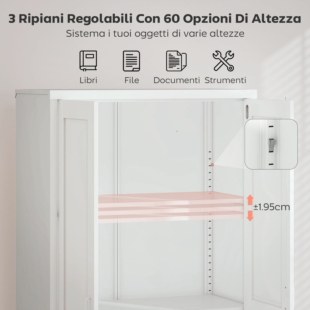 3-Tier Adjustable Steel Office Cabinet with Lock and 2 Keys, 80x40x175cm, White