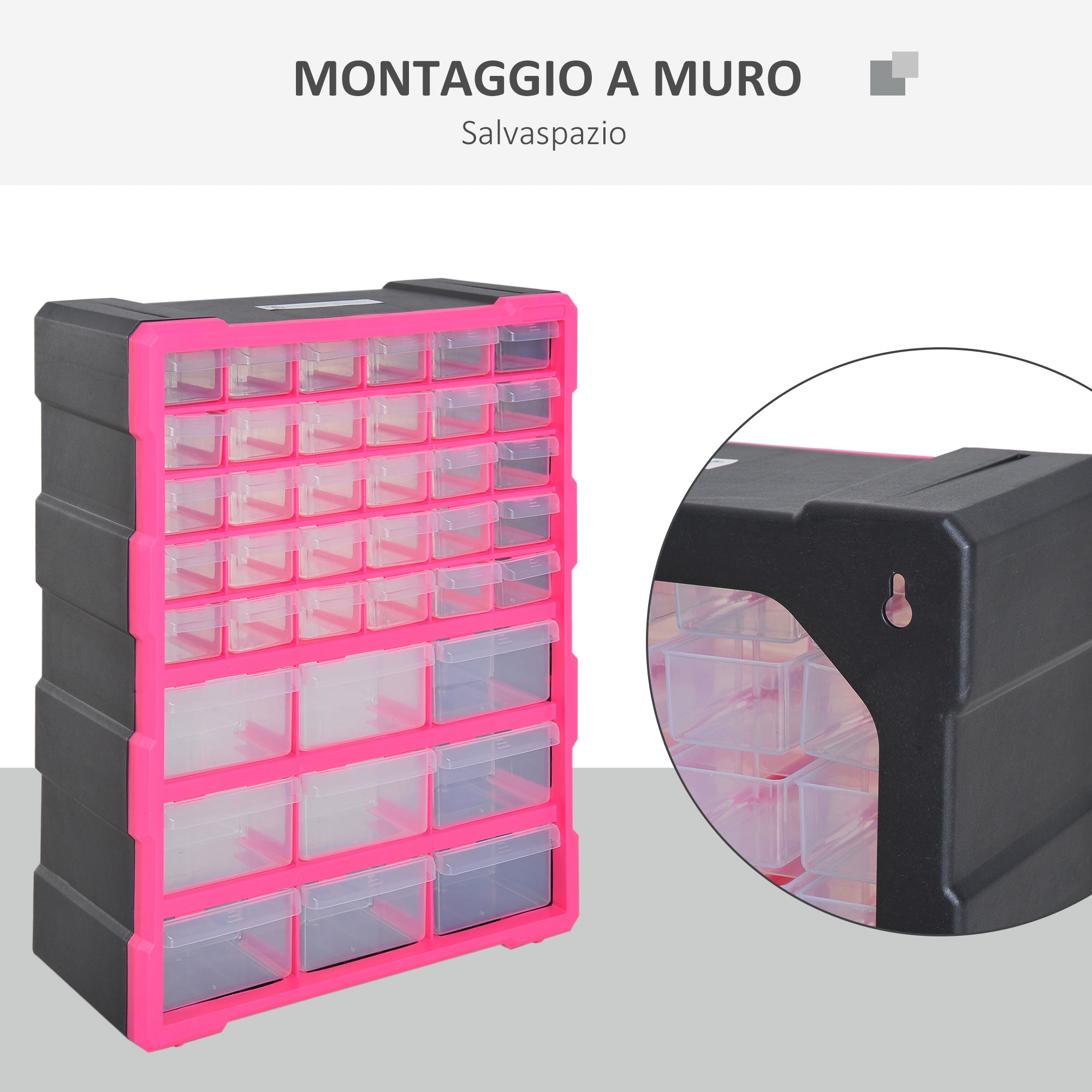 Plastic Drawer Cabinet for Small Parts with 39 Transparent Drawers, Wall or Floor Mounting 38x16x47.5cm Pink