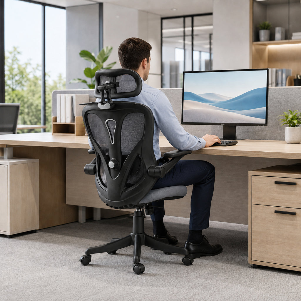 HOMCOM Ergonomic Office Chair with Flip-Up Armrests, Headrest, and Coat Rack, Dark Grey