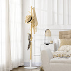 8 Hook Coat Tree with Round Base in Bamboo, Wood and Metal, Ø37.8x175.6 cm, Wood and White