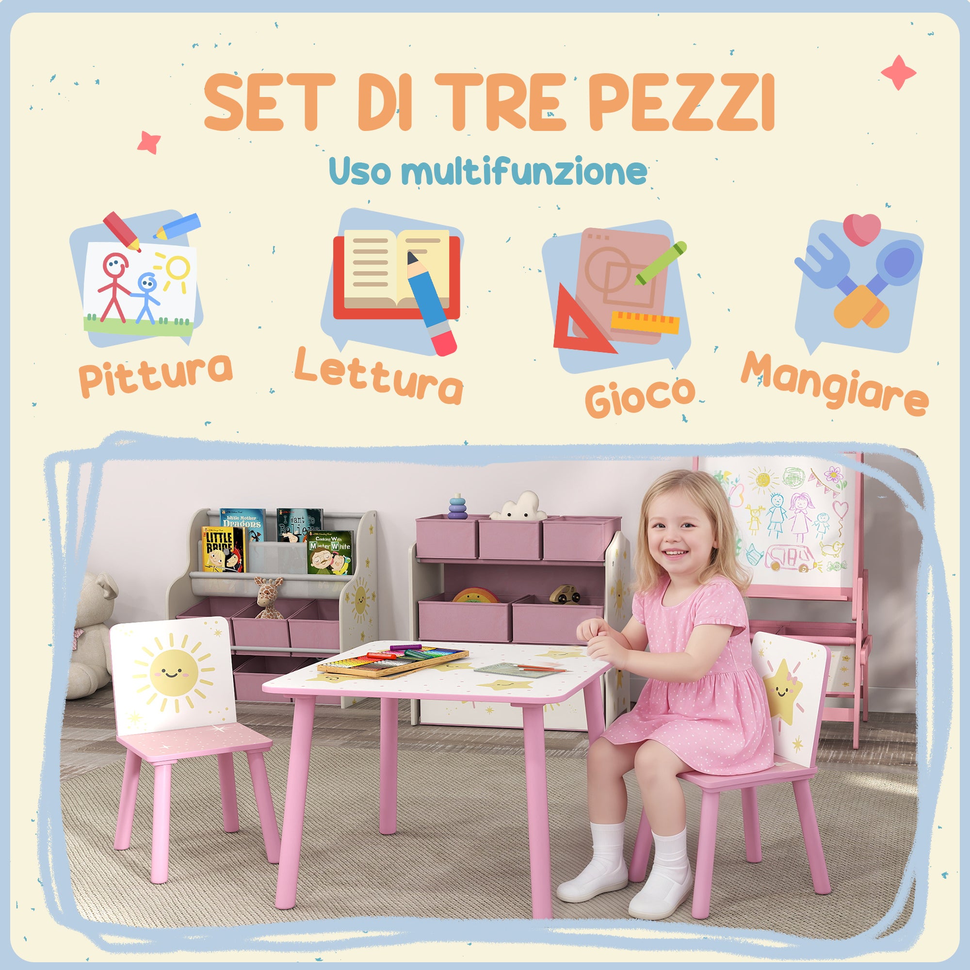 Children's Room Furniture Set with Table and 2 Chairs for Children Ages 3-8 with Star Pattern, Pink